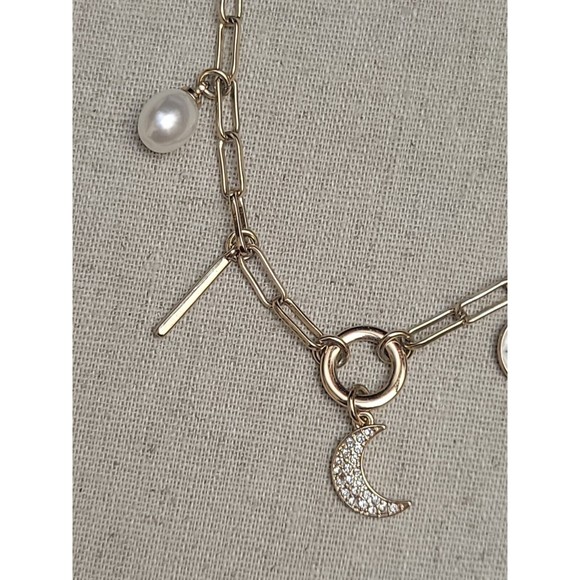 EXPRESS Charm Pearl Crescent Moon Compass Rose Yellow Gold Tone Necklace - Picture 5 of 6